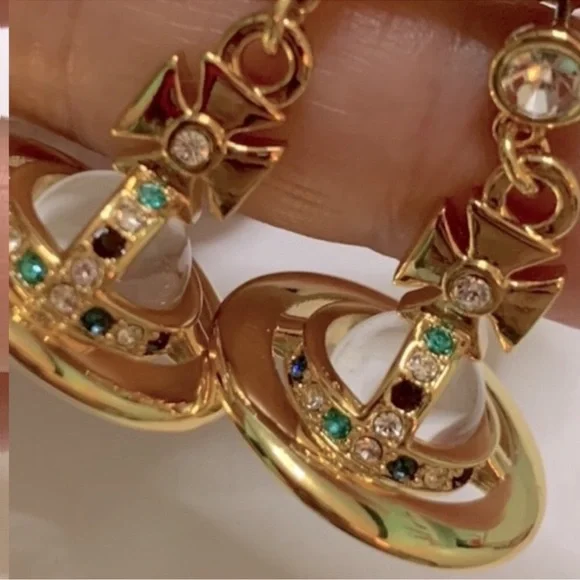 18k gold Plated crystal signature Saturn Orb drop earrings - Picture 5 of 8